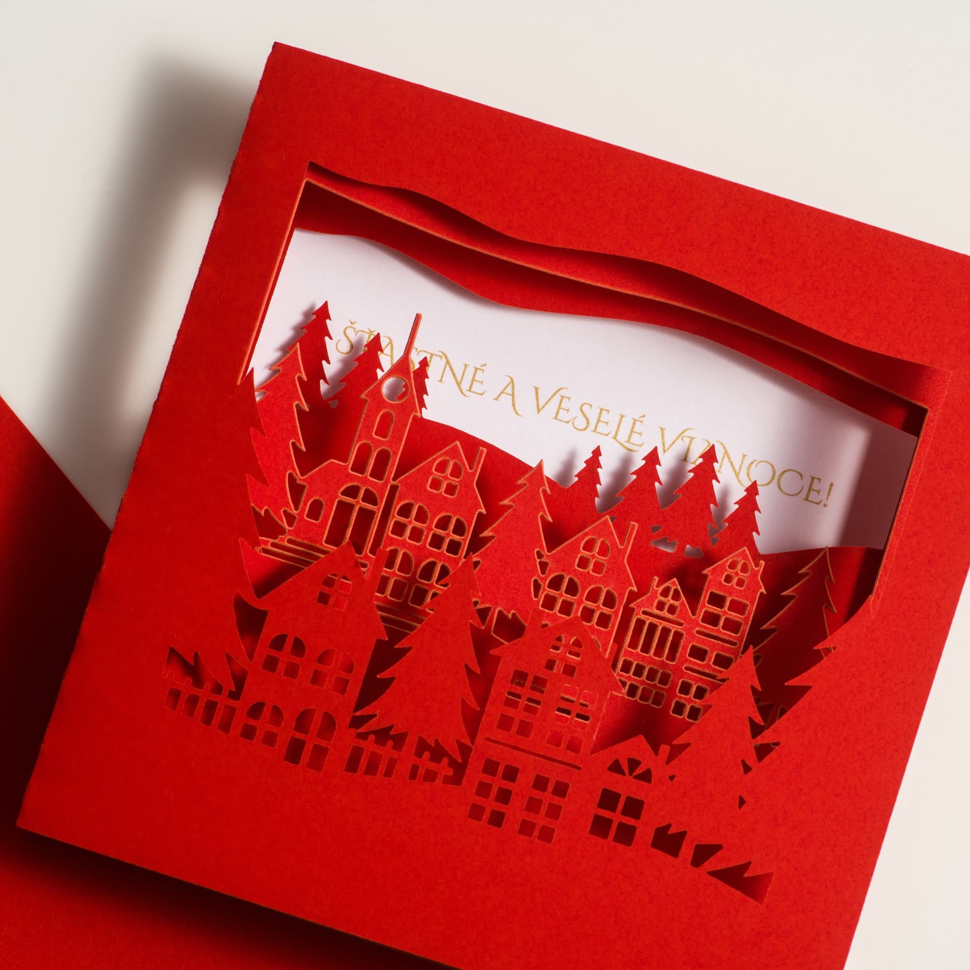 Laser-cut Christmas Village 3D greeting card