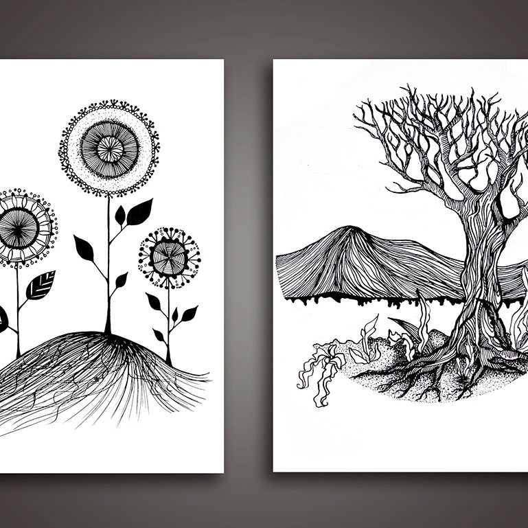 Fairy tale flowers and a Lonely tree - ink on cold pressed watercolour paper