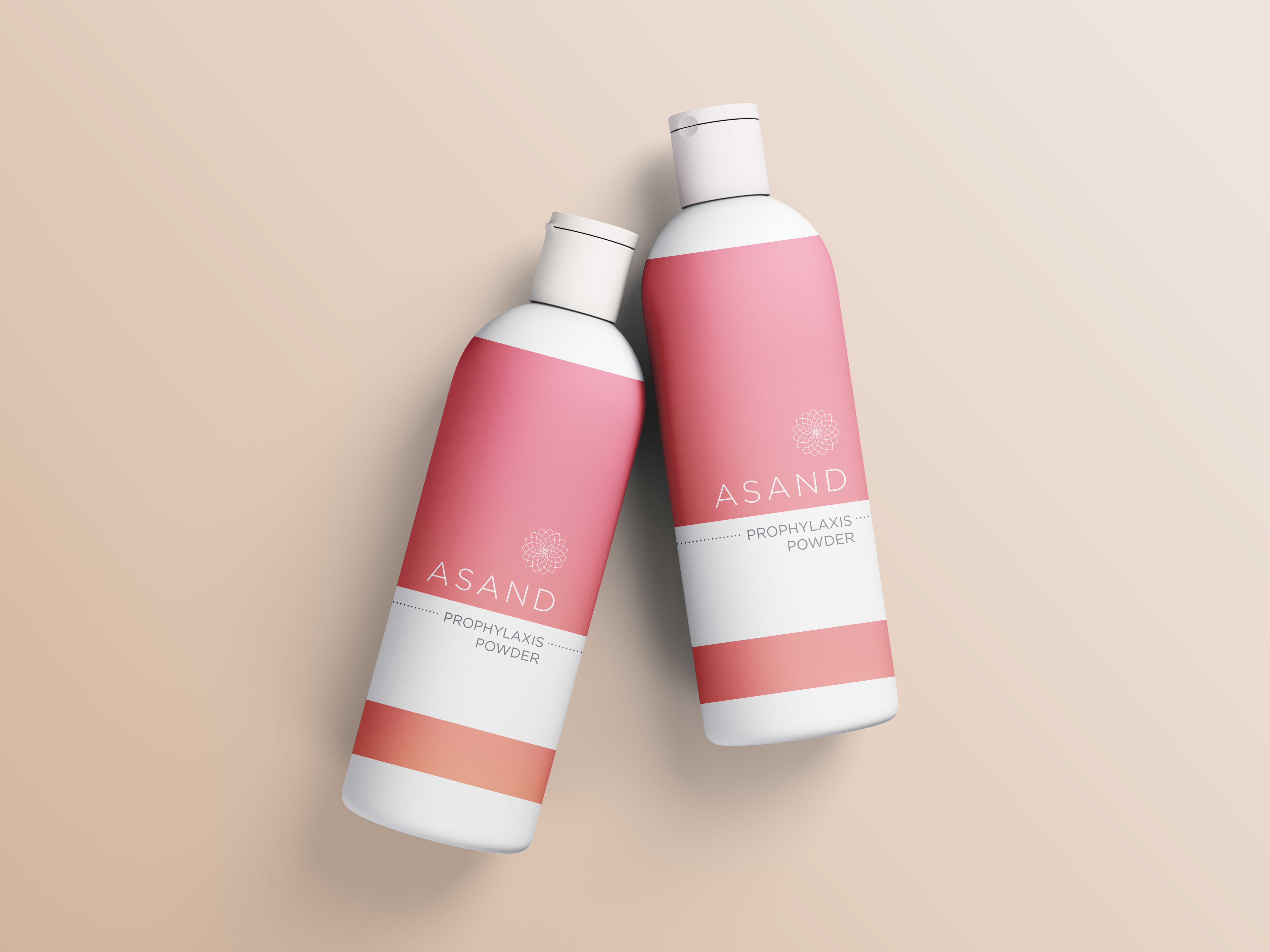 ASAND product labels, pink gradient labels on white plastic bottles