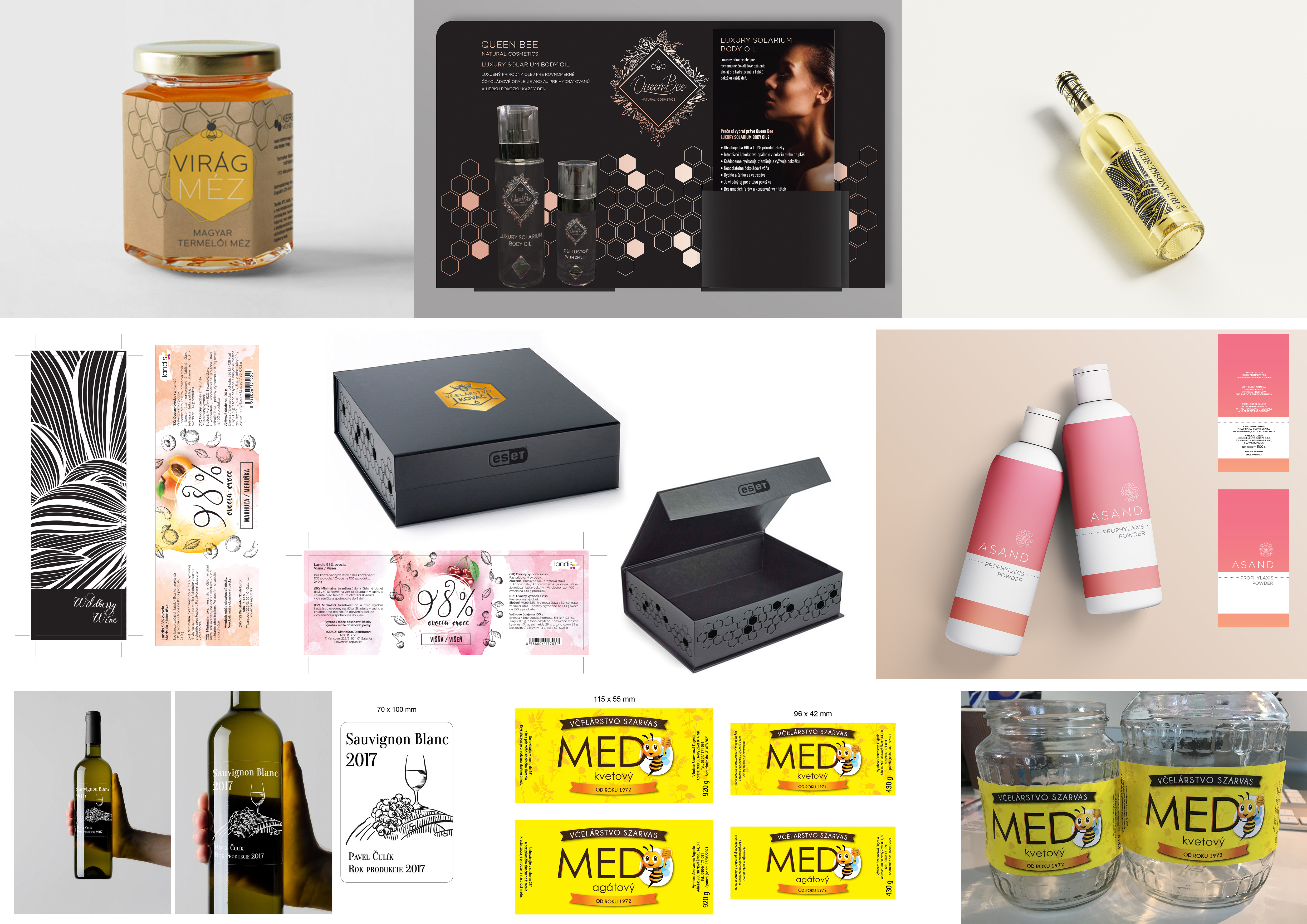 Collection of labels on different packaging and bottles