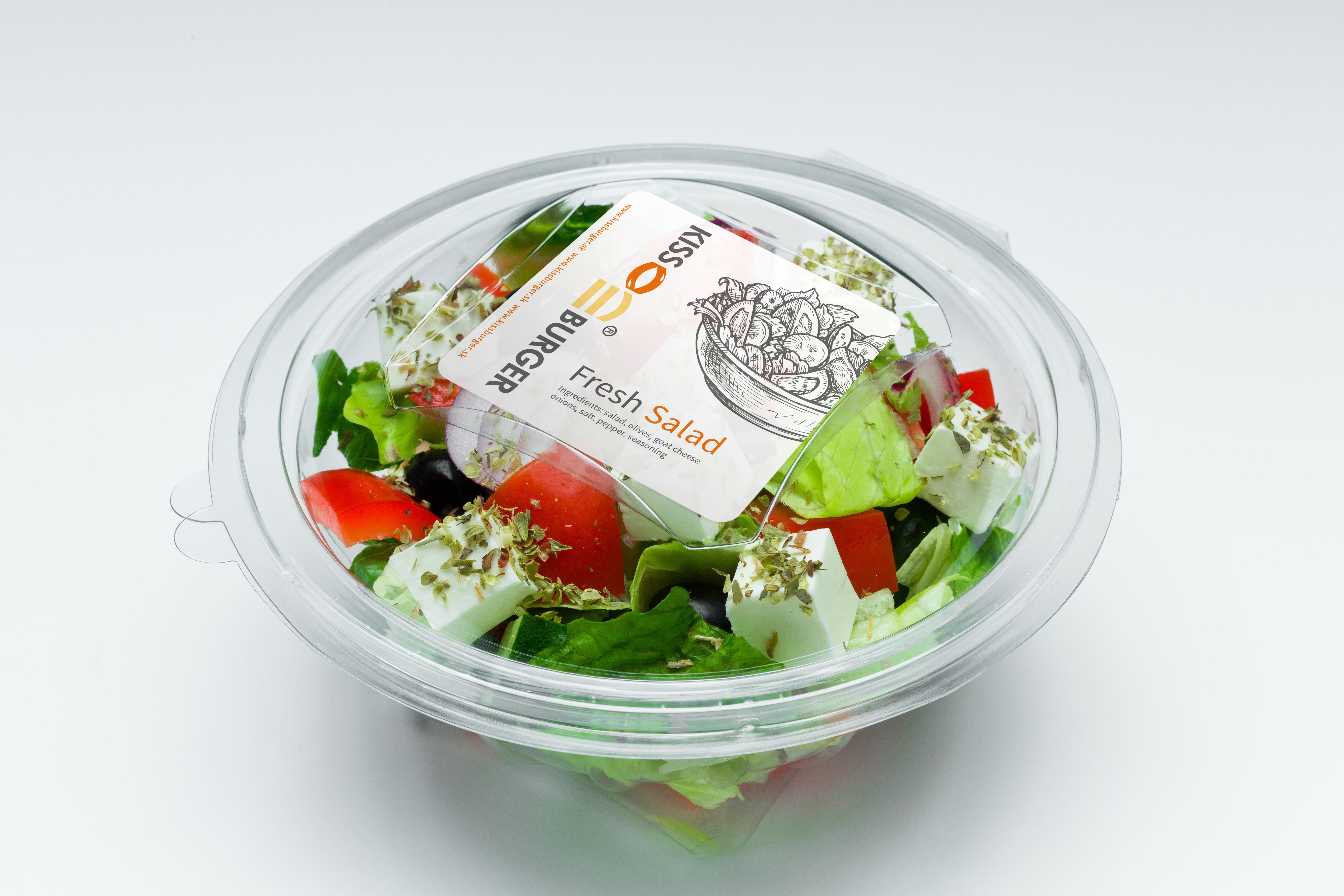 Kiss Burger semi-transparent label on salad, this design was part of their rebranded packaging
